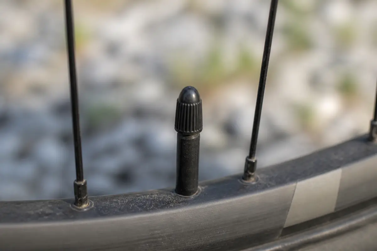Gros plan sur un bouchon de valve de vélo sur roue avec rayons noirs.