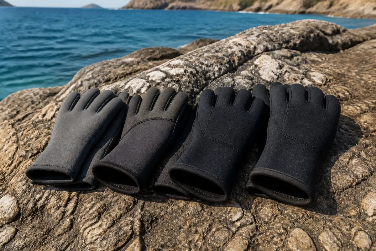 Quatre paires de gants néoprène reposent sur des rochers près de la mer
