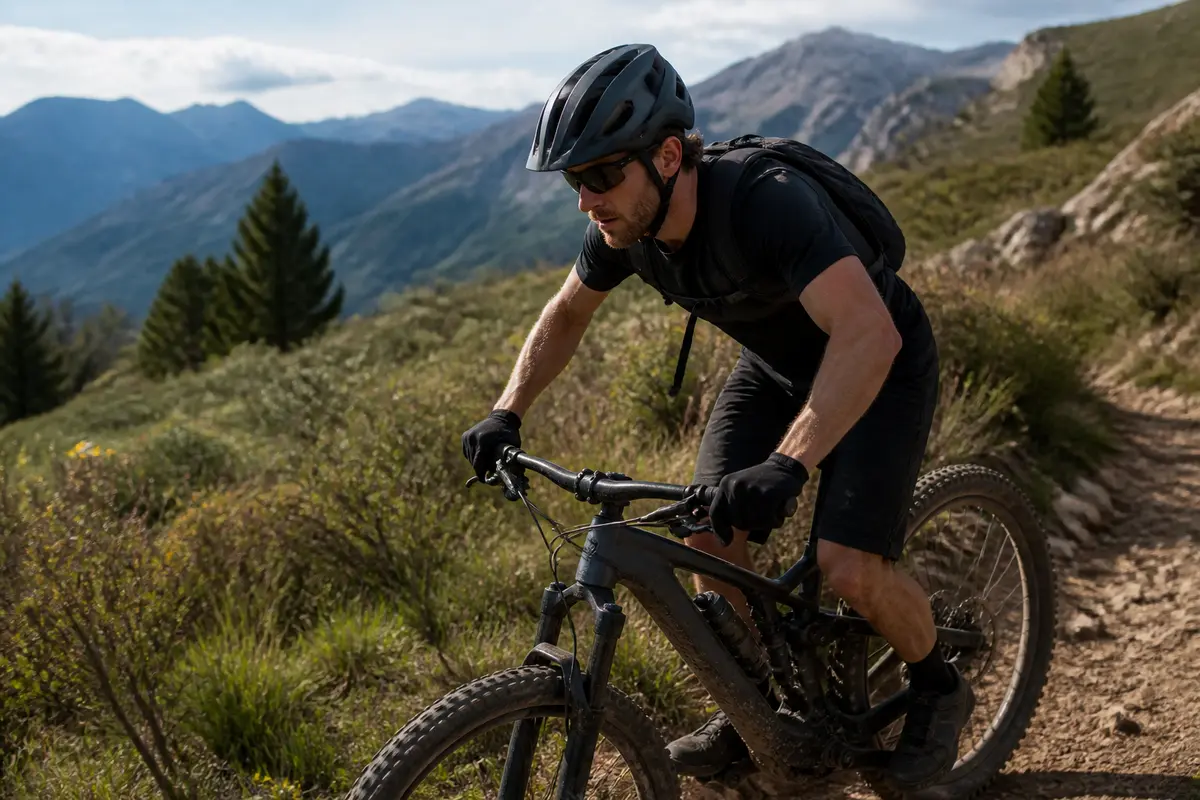 Sportif en vélo tout terrain sur un chemin montagneux, équipé de casque et lunettes solaires