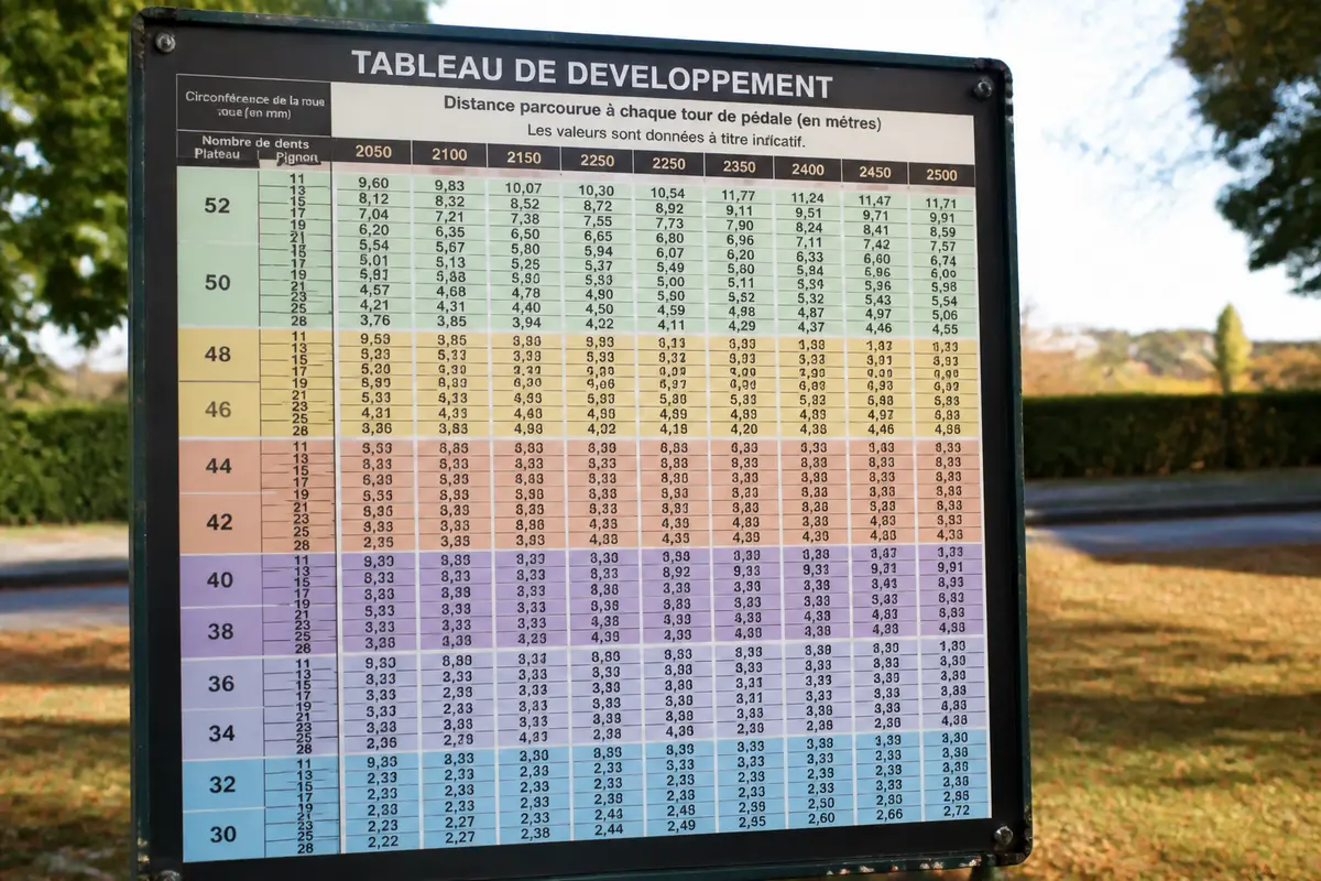 Tableau de développement vélo illustrant la distance par tour de pédale selon paramètres.